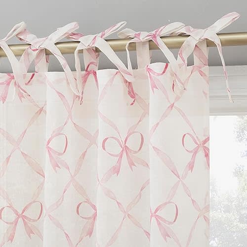 Sun Zero Romy Generation Lattice Bows Sheer Tie Top Curtain Panel, 50" x 84", Pink