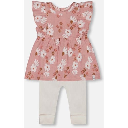 Baby Girl's Printed Muslin Tunic And Rib Leggings Set Pink And White Flowers