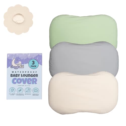 100% Waterproof Baby Lounger Cover - 2-Ply Organic Cotton Slipcovers Keep Your Lounger Clean & Your Baby Comfy - Machine Washable - (Lounger Not Included) - 3-Pack Includes Gray, Off-White & Sage