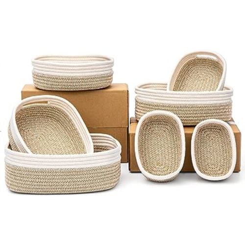 7 Piece Cotton Rope Woven Basket Set - Small Basket for Baby Nursery, Pets, Montessori, Dog & Cat Toy Boxes, Bathroom Organization Bins (White/Brown)