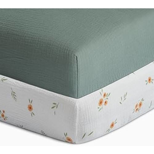 Meracorallo Muslin Fitted Crib Sheets, 2 Pack Soft Breathable Cotton Baby Crib Sheet, Neutral Crib Sheet for Baby Boys and Girls, Fits Standard Crib Mattress 28''x52'', Daisy & Roman Green