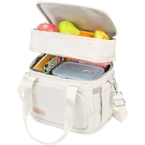 Lunch Box for Men Women - Double Deck Insulated Lunch Bag, Large Leak Proof Tote Cooler, Wide Open Dual Compartment Lunch Bags with Shoulder Strap, For Work Picnic Hiking Beach, Beige