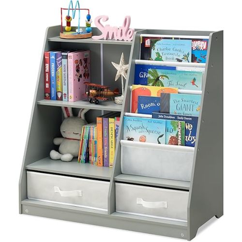 Kids Bookshelf and Toy Storage, 4 Tier Bookshelf for Kids Room, Wooden Kids Book Shelf with Sling Book Rack, Bookshelf for Kids Room (Grey)