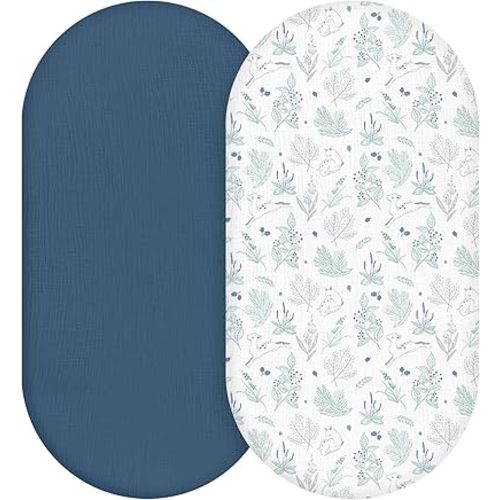 Muslin Bassinet Fitted Sheets, 2 Pack for Baby Boy and Girl, Soft Breathable Baby Pad/Mattress Sheet, Fit for Hourglass Oval and Rectangle Bassinet Mattress (Blue Deer)