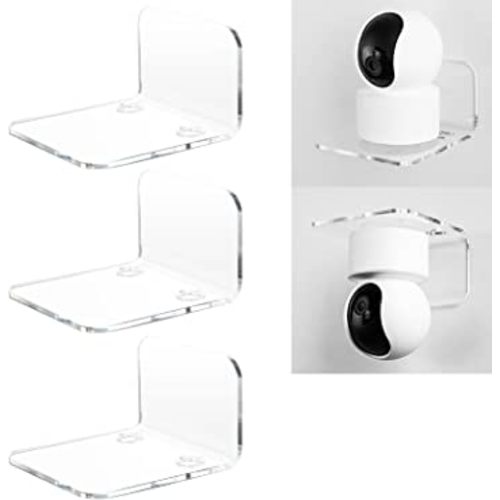 OAPRIRE Acrylic Floating Wall Shelves Set of 3 for Security Cameras, Baby Monitors, Speakers - Universal Small Wall Shelf with Cable Clips, 10-Piece Strong Tapes, No Drill (Clear)