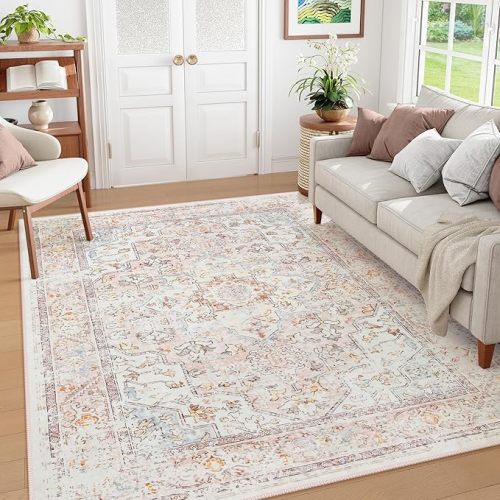 Lahome Boho Pink Washable Rugs 8x10,Soft Pink Rugs for Bedroom Girls,Large Nursery Rug Living Room Rugs 8x10,Vintage Oriental Non-Slip Low-Pile Accent Pastel Carpet for Playroom Home Office(8x10,Pink)