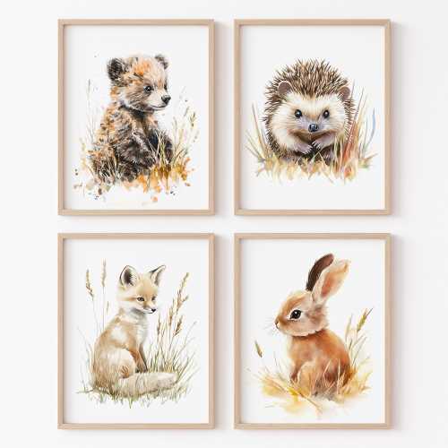 Neutral Woodland Animals Posters Nursery Print kids Forest Wall artwork Decor Baby Bedroom set of 4 child fox rabbit bear digital canvas