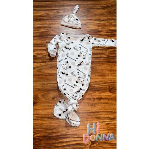 Golf Baby Gown & Hat Set – Newborn Knotted Sleep Sack – Sports-Themed Coming Home Outfit- Hole in One