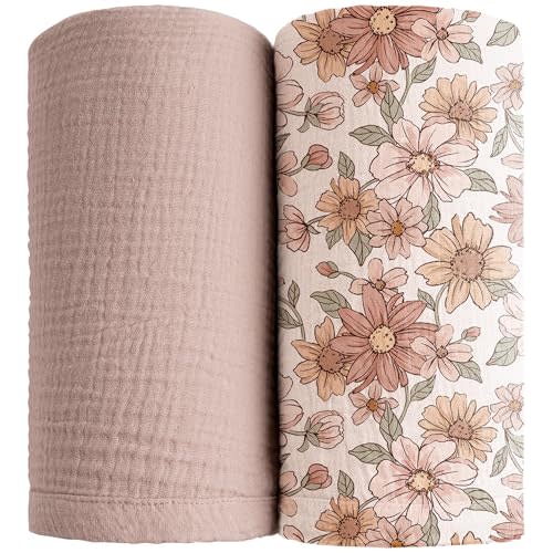 Konssy Muslin Swaddle Blankets for Boys Girls, 2 Pack Receiving Baby Blanket Large 47 x 47 inches, Soft Breathable Swaddling Wrap for Unisex Newborn (Vintage Petals,Taupe)