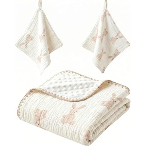 3-Piece Baby Blanket Set - Soft Cotton Muslin Swaddle with Minky Dotted Backing, 2 Matching Washcloths, Breathable Double Layer Receiving Blanket for Newborn Boys & Girls (Rabbit)