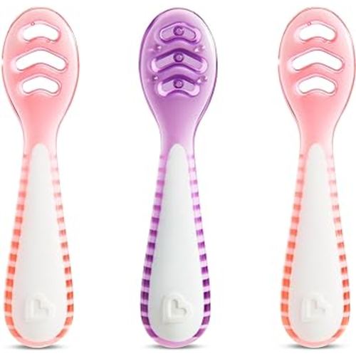 Munchkin® Gentle Dip™ Multistage First Spoon Set for Baby Led Weaning, Self Feeding, Solids & Purees, 3 Pack, Coral/Purple