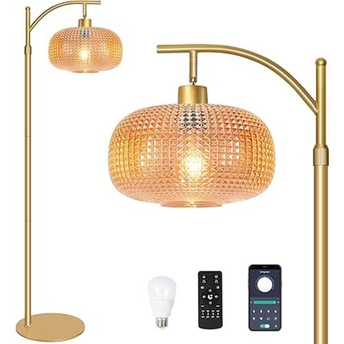 Duoled Glass Floor Lamp for Living Room with Amber Glass Lampshade, Dimmable Modern Standing Lamp with 12W LED Bulb, Remote Control Tall Lamp for Bedroom