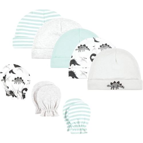 Hudson Baby Cotton Cap and Scratch Mitten Set - 0-6 Months - Neutral Dino