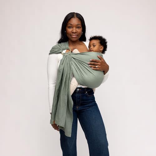 WildBird Ring Sling Baby Carrier for New Moms & Dads & Caregivers - Made from 100% European Linen - for Newborns to Toddlers Up to 35 lbs - Long 90" Size (Acadian Fabric/Rose Gold Ring)