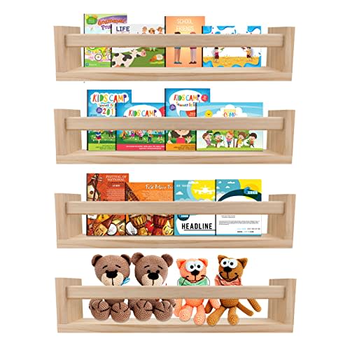 birola Nursery Book Shelves Set of 4,Wood Floating Nursery Shelves for Wall,Wall Bookshelves for Kids,Bathroom Decor, Kitchen Spice Rack (Set of 4)