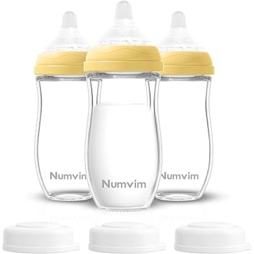 Natural Glass Baby Bottles Set, Gentle Medium Flow, Anti Colic Bottles for 3 + Months Breastfed Babies, 3 Packs (Yellow, 8oz)
