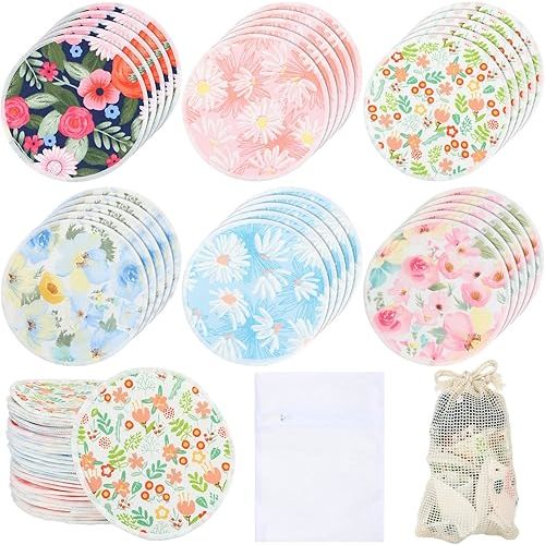 Sosation 30 Pcs Reusable Breast Pads Nursing Covers with Wet and Laundry Bag Floral Nipple Pads for Breastfeeding Mom Gift