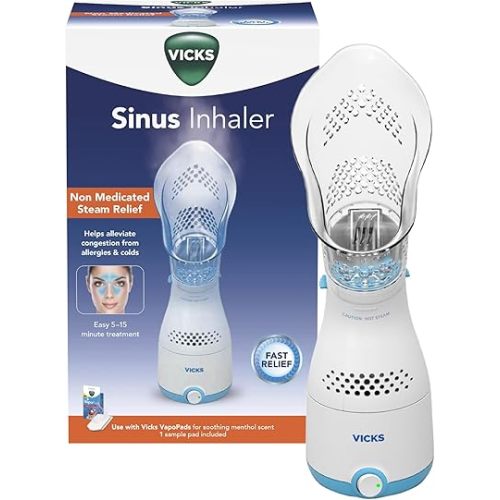 Vicks Sinus Inhaler - Non-Medicated Steam Relief for Allergies, Congestion, Cough & Colds, Facial Steamer, Soothes Nasal & Throat Passages, Use with VapoPads (1 Included), FSA & HSA Eligible