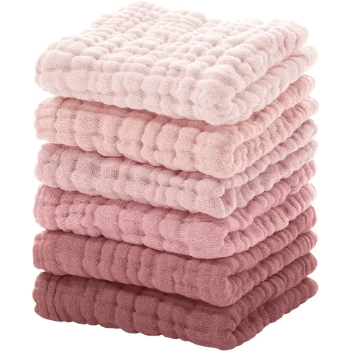 Looxii Muslin Baby Washcloths 6 Pack, 100% Cotton Baby Wash Cloths for Baby Face Body, 12x12 inches Large Soft Absorbent Face Towels for Newborns Gradient Pink