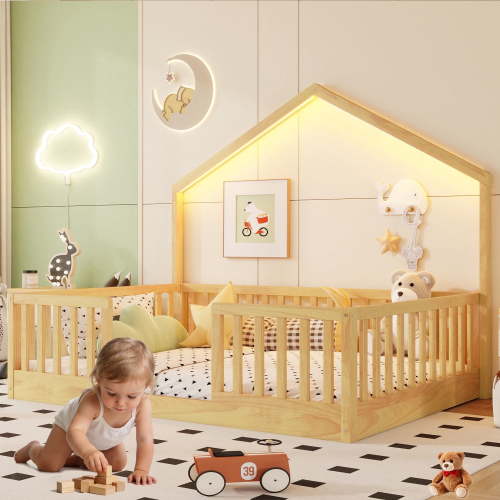 Mirightone Full Floor Bed Frame with LED Light & High Guardrail, Pine Wood Montessori Bed Full Size House Floor Bed, Slats Included (Natural)