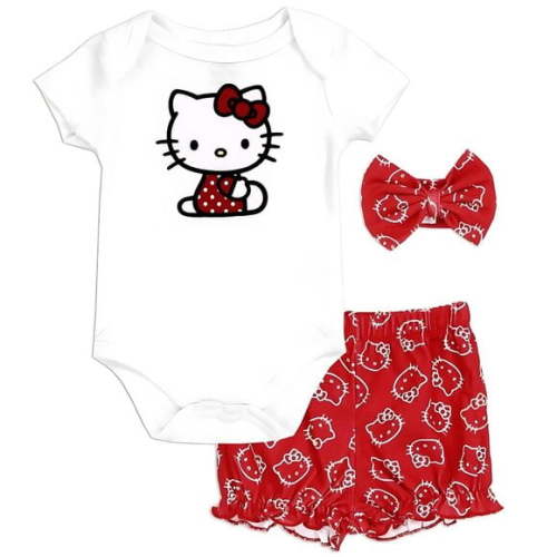 Hello Kitty Baby Girl Newborn 3 Piece Shorts Bundle Headband White Bodysuit 0-3M