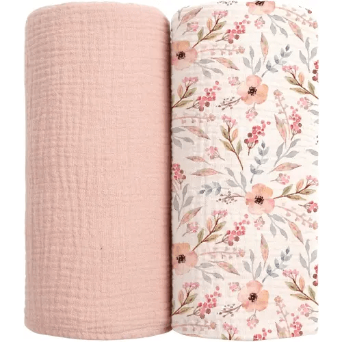 lulumoon Muslin Swaddle Blankets for Baby: Soft Cotton Newborn Receiving Blankets - Floral Print Nursery Gift Set for Baby Girls(Pink Flower)