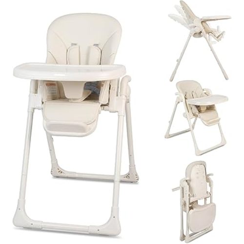 High Chairs for Babies and Toddlers, Foldable Dining Chair for Home, Adjustable Height, Backrest and Footrest, Removable Double Tray, Compact & Space-Saving, 2 Built-in Wheels, Beige
