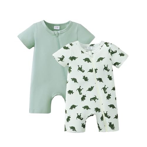 KIMI BEAR Newborn Baby Boy Clothes Summer Infant Boy Outfits Dinosaur Short Sleeve Zipper Rompers Jumpsuits Bodysuit 2 Pack