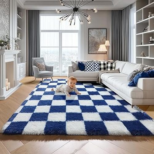 KICMOR Large Area Rug for Living Room 6x9, Big Fluffy Shag Fuzzy Navy Blue and Cream White Checkered Rugs Soft Plush Carpet for Bedroom, Cute Shaggy Rug for Kids Boys Girls Room Nursery Home Decor