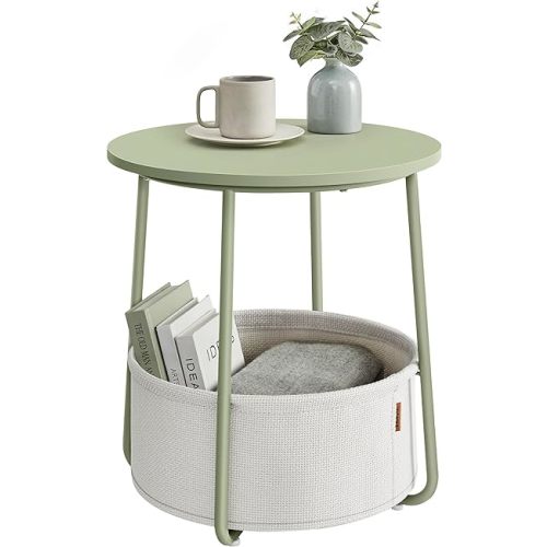 VASAGLE End Table, Small Bedside Table with Fabric Basket, Modern Nightstand, Round Side Table, for Living Room, Bedroom, Laurel Green and Cream White ULET223C69