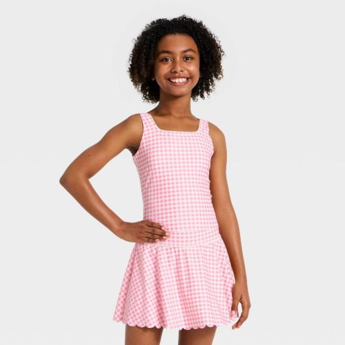 Girls' Active Scallop Crop Tank Top - All In Motion™ Pink Gingham M