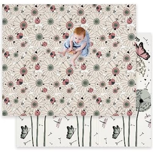 JumpOff Jo - Large Foldable Baby Play Mat, Safe Foam Playmat for Tummy Time, Play Pens & Toddlers, Waterproof, BPA-Free, Double-Sided Design (70" x 59") (Daisy Bug)