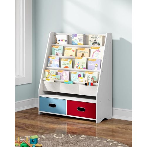 SEIRIONE Sturdy Kids Bookshelf, Children Display Rack, 4 Sling and 2 Storage Boxes for Toys Organizer, White/Wood Texture