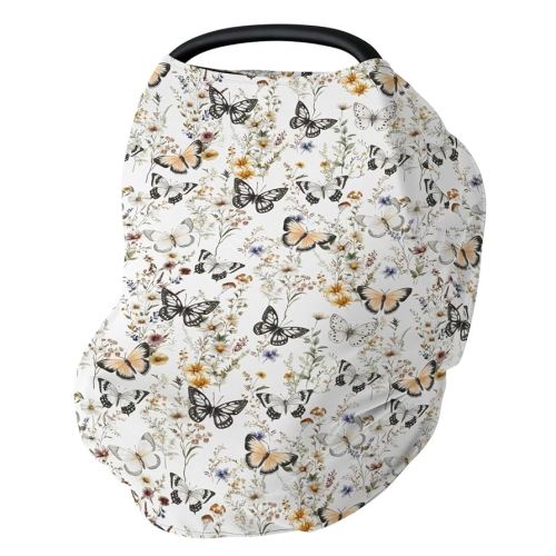 Boho Floral Butterflies Car Seat Cover for Baby Vintage Wildflowers Leaves Stretchy 5-in-1 Covers Adjustable Infant Carseat Cover Canopy Retro Spring Summer Breathable Nursing Cover-Up