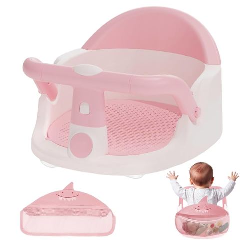 Baby Bath Seat - for Babies 6 Months & Up Sitting Up with Storage Bag + Mesh seat Cushion, Non-Slip Toddler Bath Seat for Baby, Sit Up Bath Seat for Baby, Pink