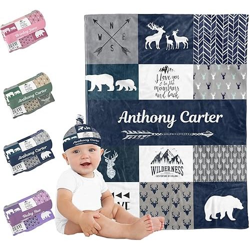 Sweewind Personalized Baby Blankets, Customized Blankets with Name Woodland and Hat for Boys, Girl & Kids