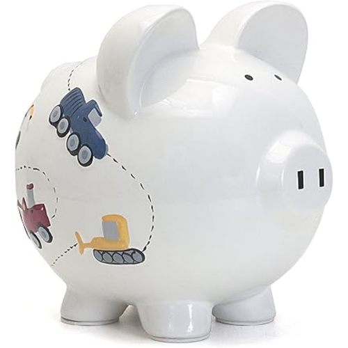 Child to Cherish Ceramic Piggy Bank for Boys, Construction Trucks, White