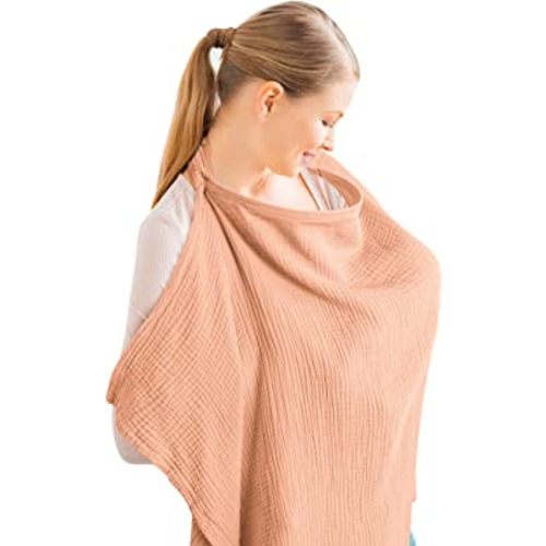 Konssy Muslin Nursing Cover for Baby Breastfeeding, Breathable 100% Cotton Breastfeeding Cover with Rigid Hoop for Mother Nursing Apron, Multi-use Carseat Canopy (Peach)
