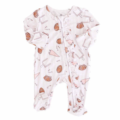 Tiny Touchdowns Ruffle Zipper Footie | Pink