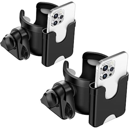 Guiseapue 2 Packs Cup Holder for Walker, Stroller Cup Holder with Phone Holder, Wheelchair, Stroller Accessories for Uppababy, Nuna, Doona, Rollator, Bike, Mobility Scooter, Gift for Her, Him, Mom