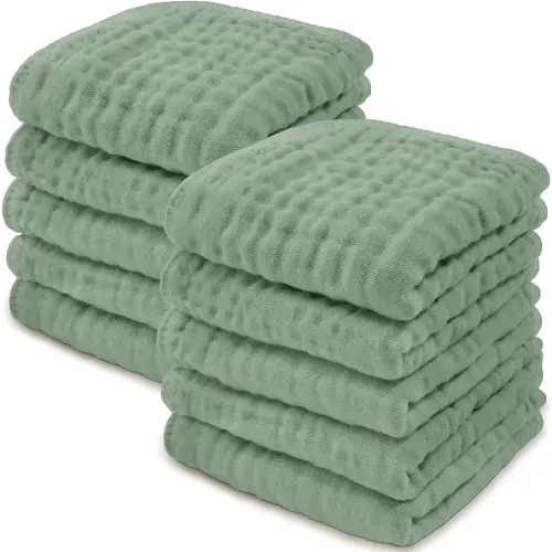Baby Washcloths, Muslin Cotton Baby Towels 10 Pack -Large 10”x10” Wash Cloths Soft on Sensitive Skin, Absorbent for Boys & Girls, Newborn Baby & Toddlers Bibs & Burp Cloths Essentials Set, Fern