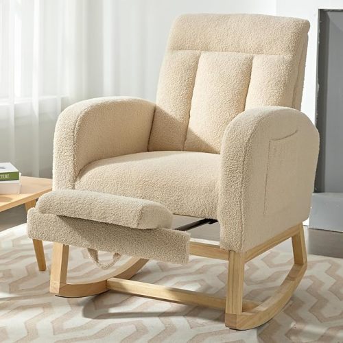 NIOIIKIT Modern Nursery Rocking Chair Recliner with Side Pocket (Apricot)