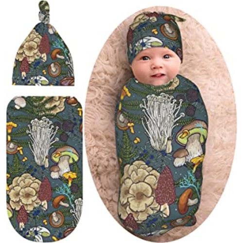 Mushroom Baby Stuff Newborn Swaddle Blanket Cute Baby Swaddle Blankets Soft Stretchy Sleep Sack with Beanie Hat Gifts for Boy Girl