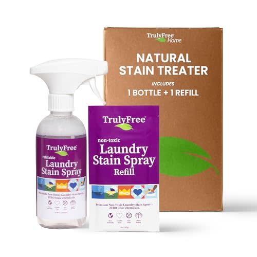 Truly Free Laundry Stain Remover Spray for Clothes - Removes Tough, Dried-In Stains on Whites & Colors -Natural Ingredients - Gentle Yet Powerful - Includes 3 oz Refill & Empty Refillable Bottle