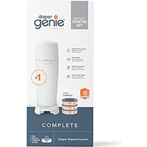 Diaper Genie Complete Diaper Pail (White) with Antimicrobial Odor Control | Includes 1 Diaper Trash Can, 3 Refill Bags, 1 Carbon Filter