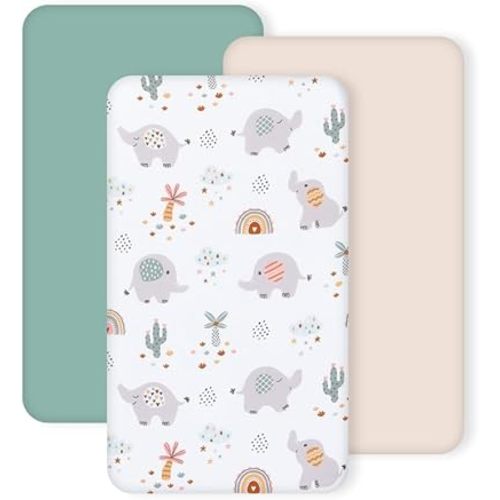 3 Pack Stretchy Bassinet Sheets - Universal Fit for Rectangle, Round, Oval, Hourglass Cradles & Moses Baskets - Soft Breathable Fitted Bassinet Sheets Set for Baby Boy Girl - Mint Green & Elephant