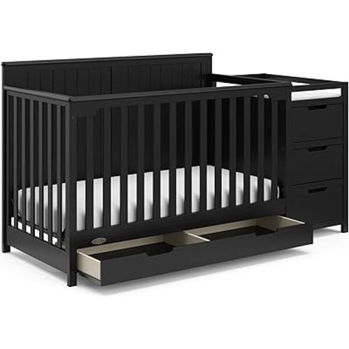 Graco Hadley 5-in-1 Convertible Crib and Changer with Drawer (Black) – GREENGUARD Gold Certified, Crib and Changing -Table Combo with Drawer, Includes Baby Changing Pad, Converts to Full-Size Bed