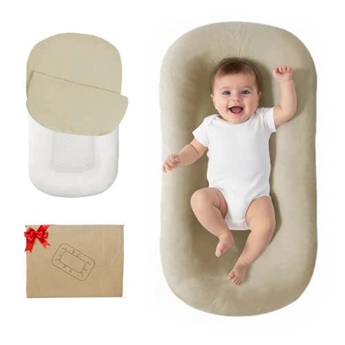 Lucakuins Baby Lounger, Bionic Design Baby Lounger for Newborn 0-24 Months, Soft Organic Cotton Breathable Lounger for Infants (Apricot Baby Lounger)