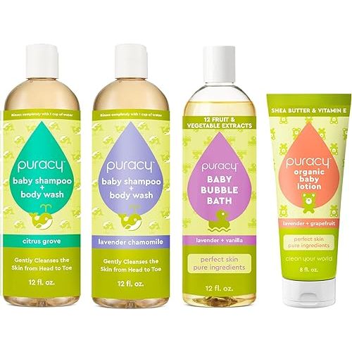 Puracy Baby Care Essentials Bundle with 12oz Natural Baby Bubble Bath, 8oz Organic Baby Lotion, 12oz 2pack Baby Shampoo & Body Wash Lavender & Chamomile, and 12oz 2pack Baby Shampoo & Body Wash Citrus