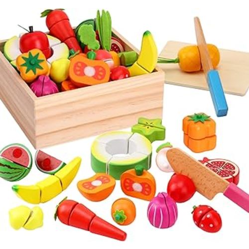 Holicolor 40pcs Wooden Play Food, Play Food Sets for Kids Kitchen Pretend Cutting Play Food for Toddlers 1-3